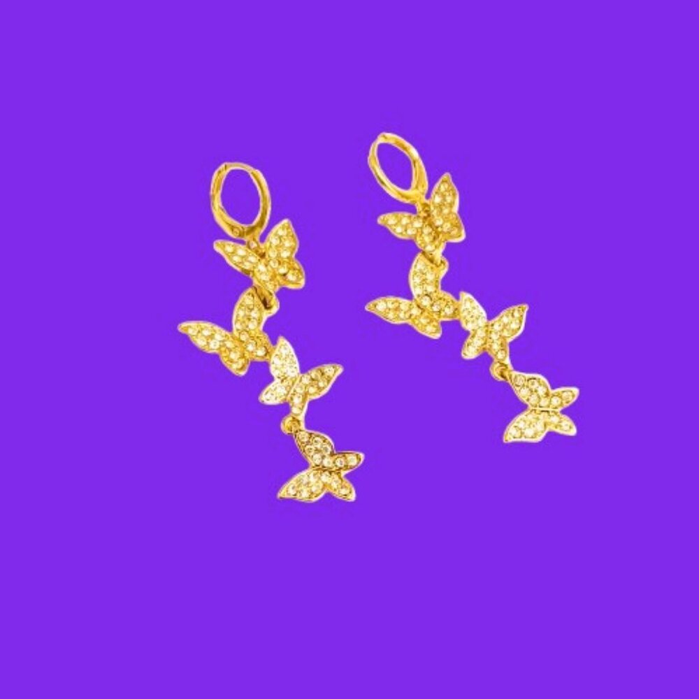Cascading Pave Butterfly Dangle Earrings 2.25" Gold Tone Leverback Drop Jewelry